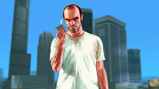 Rockstar Games の GTA Vice City を背景にした GTA 5 の Trevor