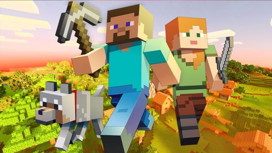 最高の協力ゲーム: Minecraft の 2 人のキャラクターがツルハシとオオカミを連れて前に進む
