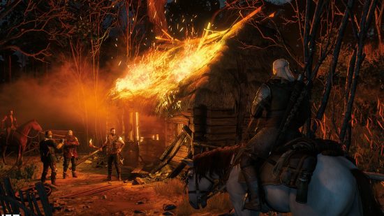最高の RPG ゲーム: The Witcher 3 で火に向かって馬に乗った Geralt