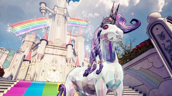 最高の PS5 FPS ゲーム: Tiny Tina's Wonderlands の虹の城の前のユニコーン