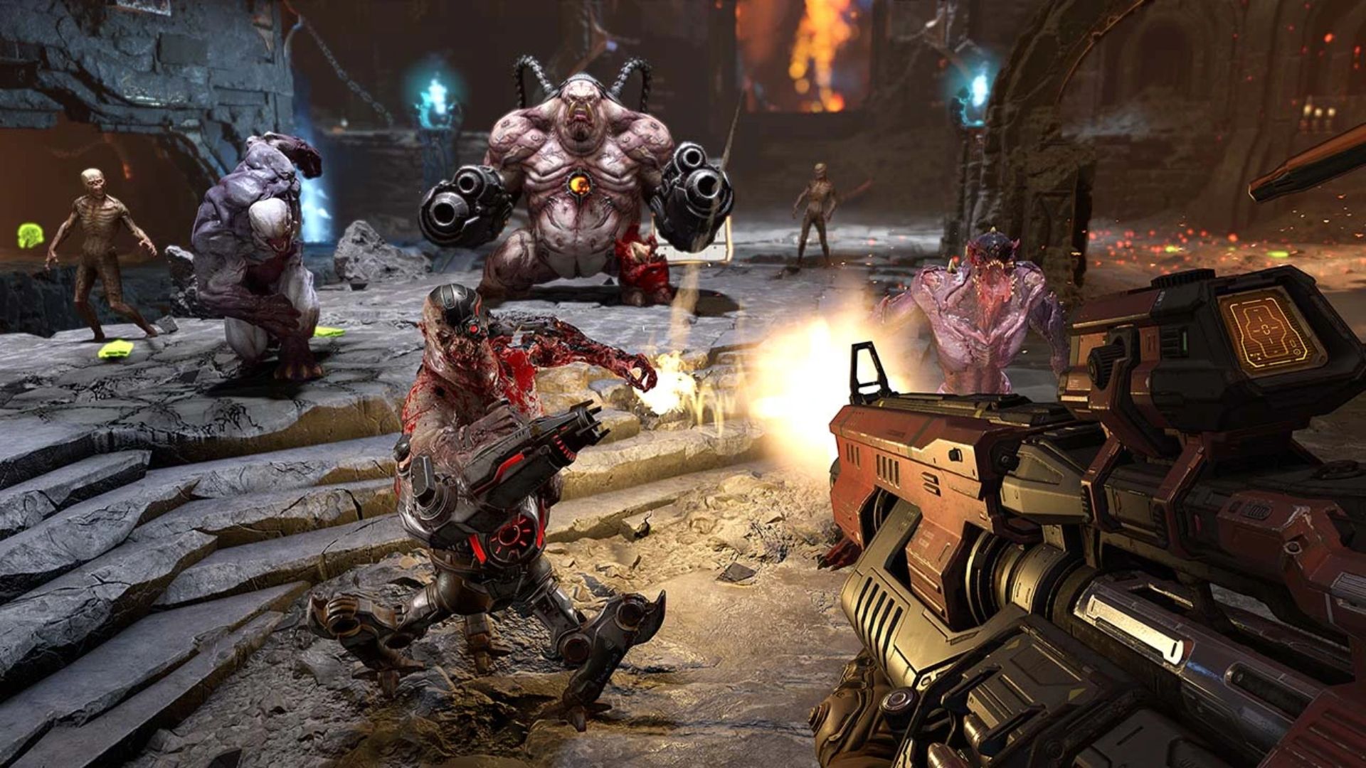 最高の Xbox FPS ゲーム: Doom Eternal で兵士が銃を持って複数の敵と戦う