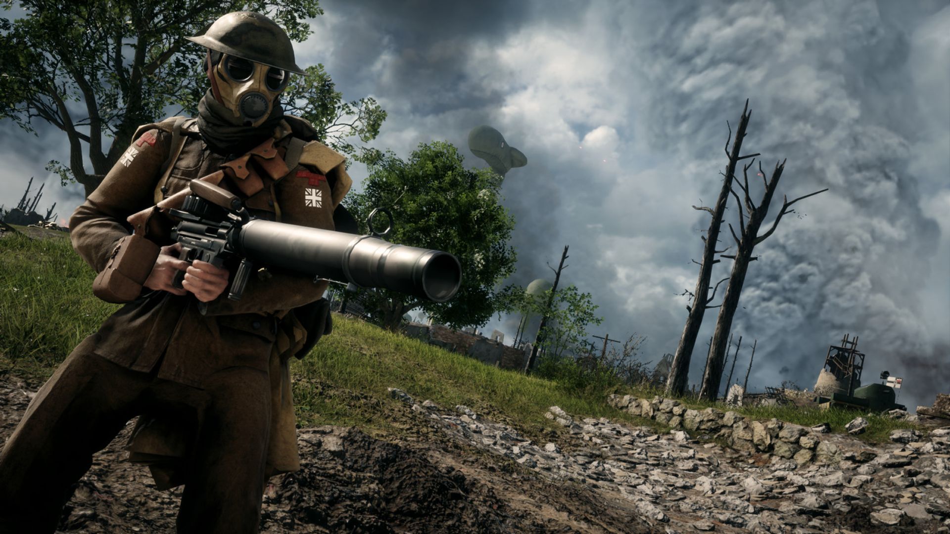 最高の Xbox FPS ゲーム: 防毒マスクの兵士がバトルフィールド 1 で武器を構える
