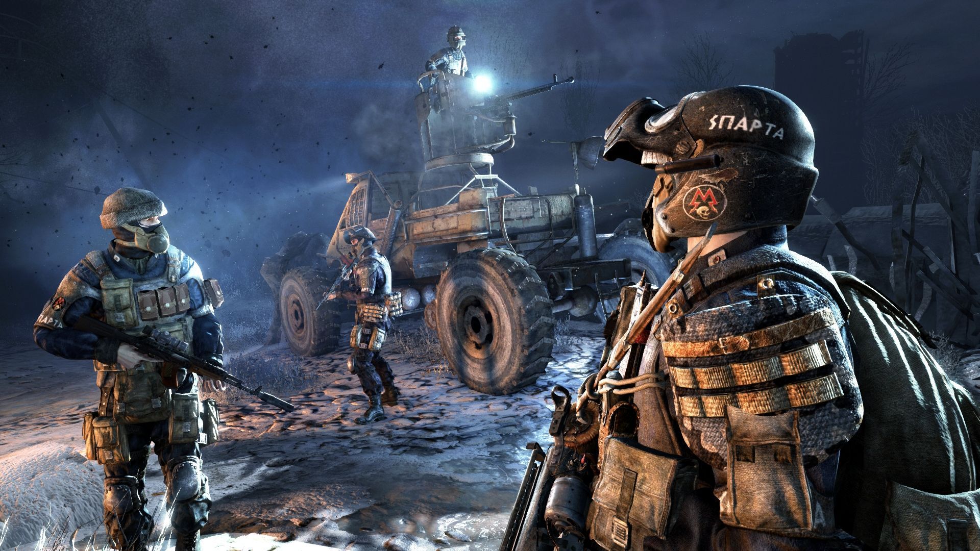 最高の Xbox FPS ゲーム: Metro Redux でトラックの前に立つ 2 人の兵士