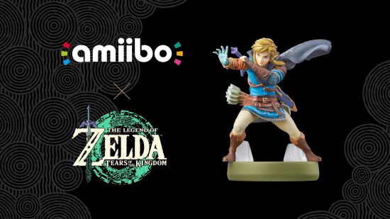 Legend of Zelda: Tears of a Kingdom amiibo の情報。ゲームのロゴ、amiibo のロゴ、新しいリンク amiibo が表示されます。