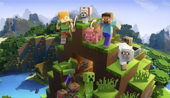 Game Pass ゲーム、Minecraft - キャラクターがブロック状の山の上に立っているのが見られます。
