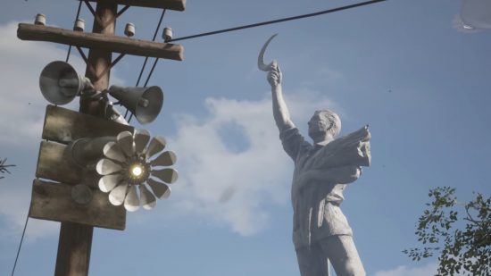 アトミック ハートのレビュー: アトミック ハートのロボット タンポポの背景にある共産主義者の像