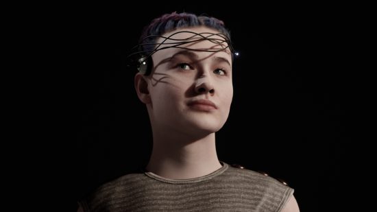 アトミック ハートの登場人物: ラリサ フィラトバが横を向き、脳神経外科医のヘッドセットを見せています。