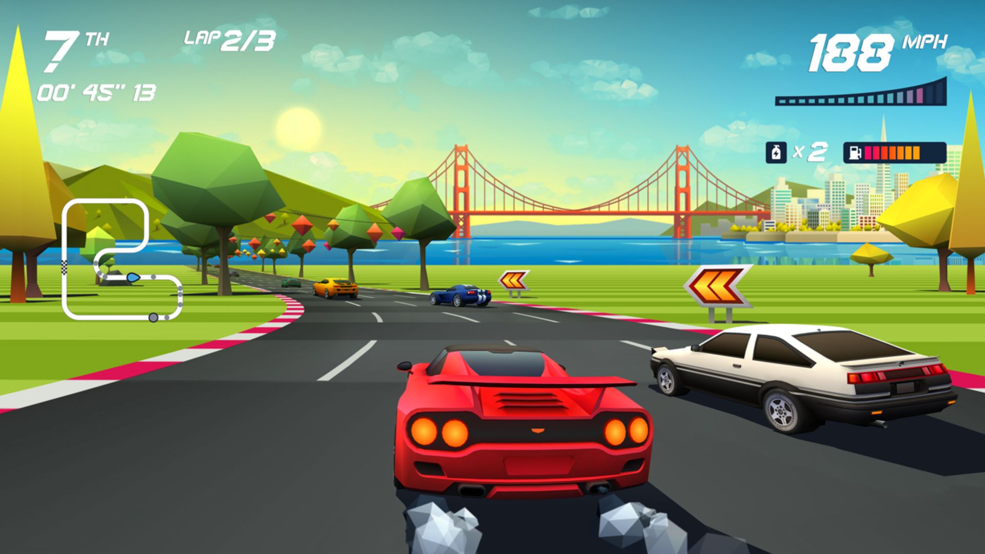 最高のスイッチ レーシング ゲーム: Horizo​​n Chase Turbo で他のレーサーに追いつこうとする赤いスポーツ カー