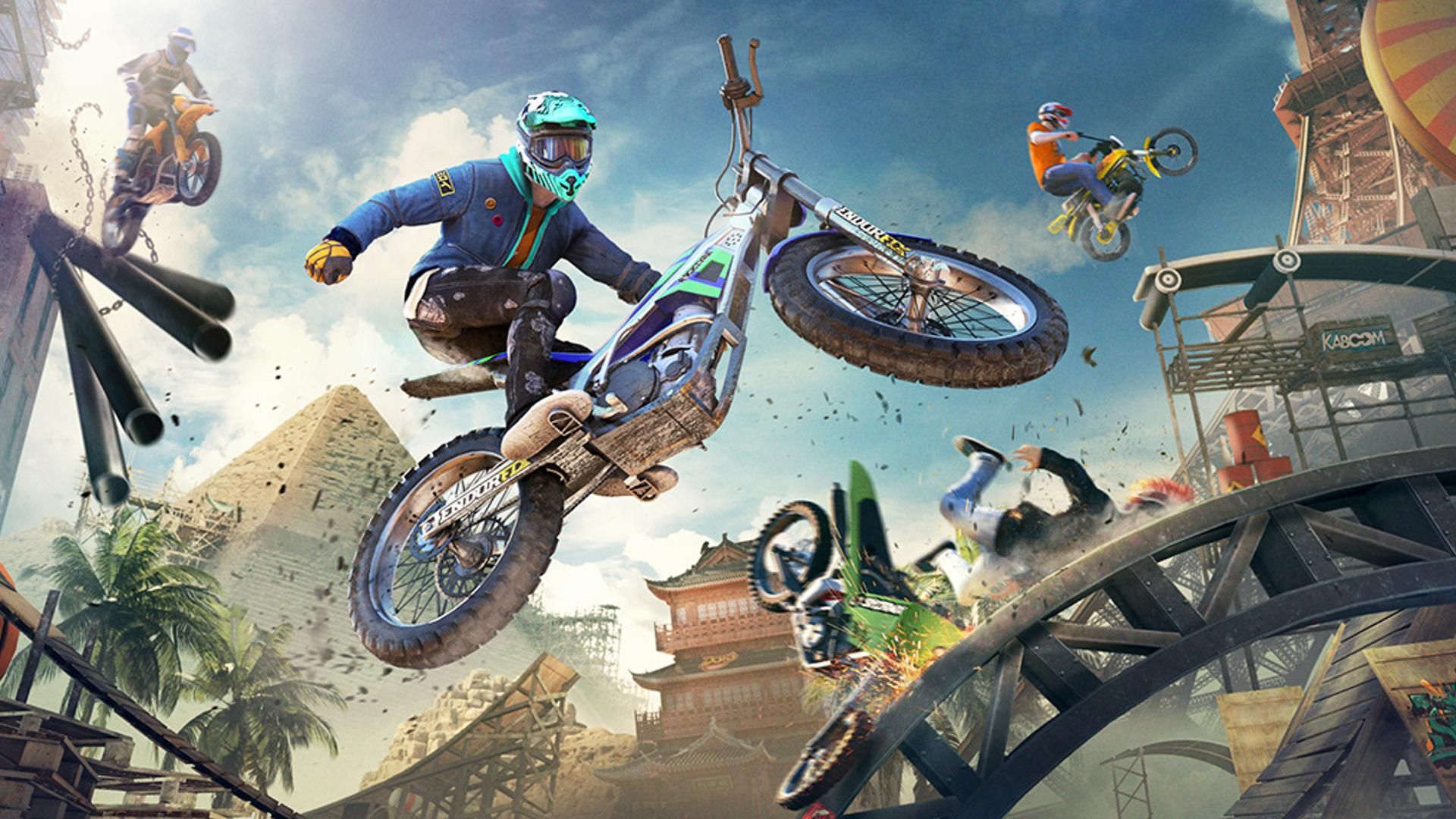 最高のスイッチ レーシング ゲーム: Trials Rising でバイカーが峡谷をジャンプしながらスタントを引っ張る