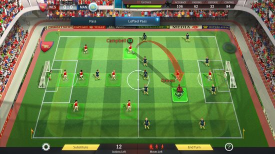 最高のサッカー ゲーム: 戦術的なターンベースの画面を表示するサッカー場で、Football Tactics and Glory で選手を動かすことができます