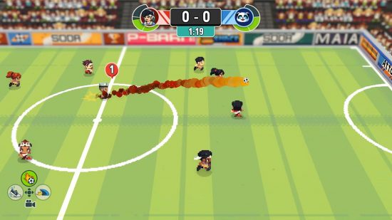 最高のフットボール ゲーム: サッカー ストーリーでディフェンス越しにボールを前に蹴る選手