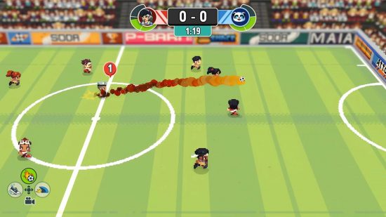Nintendo Switch の最高のサッカー ゲーム: サッカー ストーリーで、キャラクターがストライカーのためにボールを前に出す