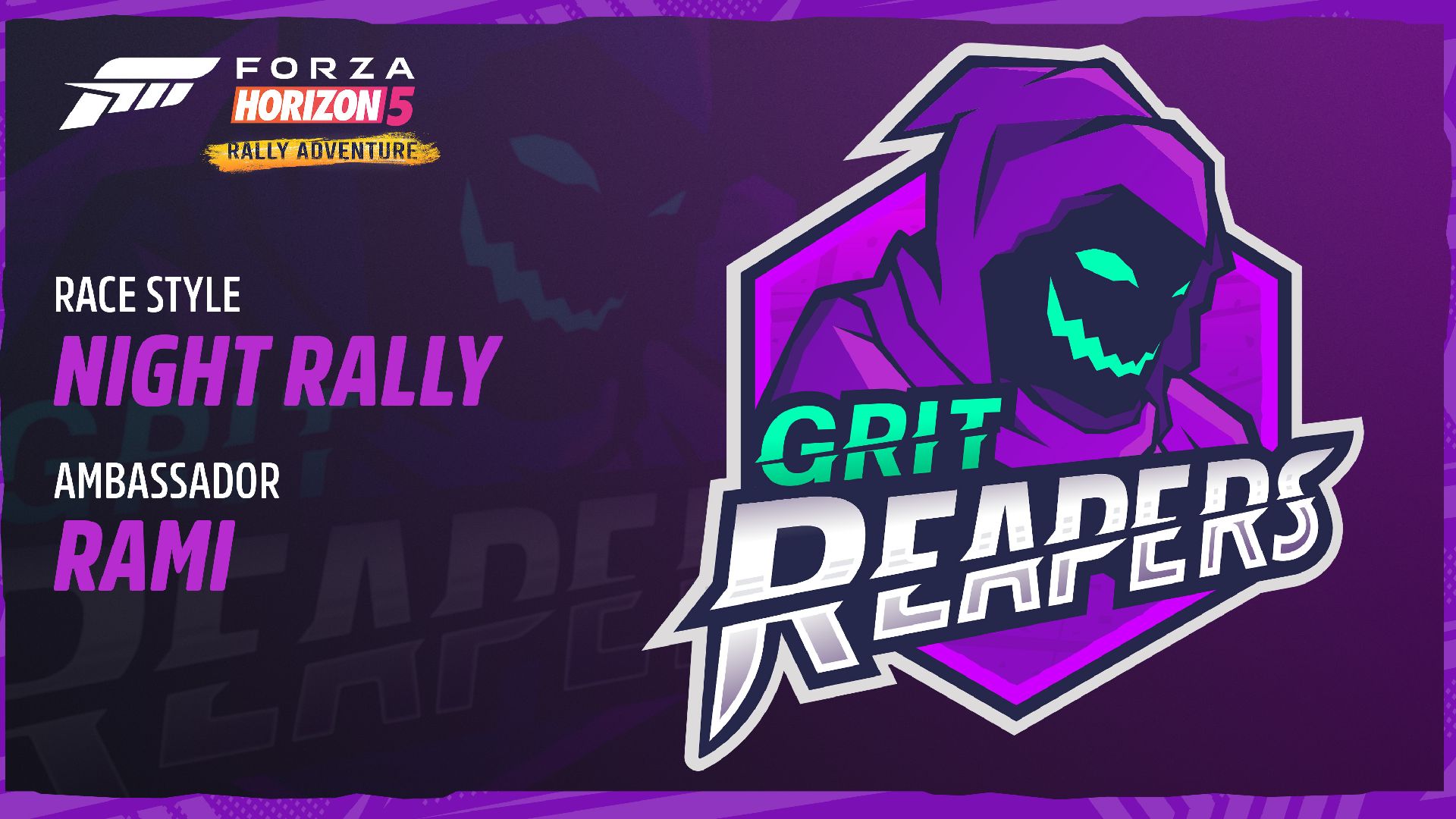 Forza Horizo​​n 5 Rally Adventure Teams: The Grit Reapers のロゴが見える