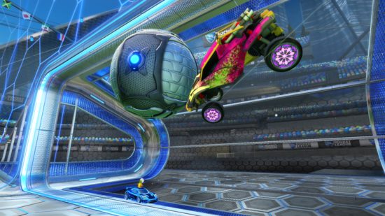 最高の Xbox フットボール ゲーム: ロケット リーグでボールがゴールに入るのを防ぐ赤い車
