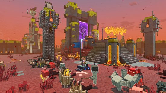 Minecraft Legends のレビュー: 複数のキャラクターが大きな基地に近づいているゲーム内のスクリーンショット
