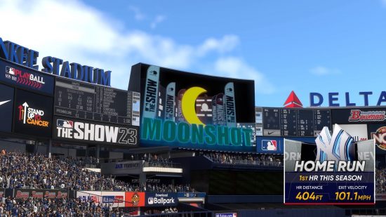 MLB The Show 23 レビュー: 放送用グラフィックがオーバーレイされた野球場のスクリーンショット