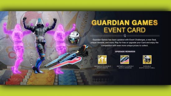 Destiny 2 ガーディアン ゲーム 2023 イベント カード: プレイヤーがイベント カードで獲得するアイテムを紹介するスプラッシュ アート。画面の左側でハンターが踊り、その隣にスズメとゴーストが描かれています。 