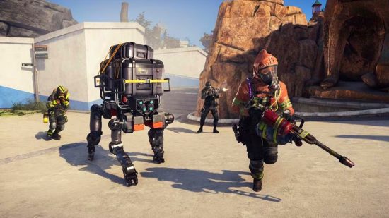 XDefiant Ubisoft Rainbow Six Siege: 4 本足のロボットの周りに群がる XDefiant のプレイヤーのチーム