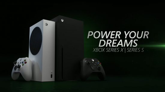 Xbox シリーズ X とシリーズ S: 画像は、テキストの横にある 2 台の本体を並べて示しています 