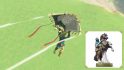 ゼルダの伝説 ティアーズ オブ ザ キングダム amiibo 報酬: ハイリア スタイルのパラグライダー生地を示す画像と、関連するリンク ライダー amiibo の小さい画像が右下に表示されます。