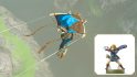 ゼルダの伝説 ティアーズ オブ ザ キングダム amiibo 報酬: チャンピオンのチュニック スタイルのパラグライダー生地を紹介するイメージで、右下に関連するリンク amiibo の画像があります。