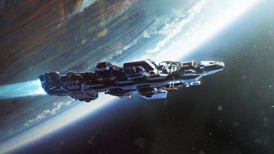 Xbox Series S レビュー: スターフィールドで大きな惑星を通過する宇宙船のスクリーンショット
