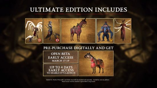 Diablo 4 ゲームのアルティメット エディションの予約注文画像。同梱されているすべてのボーナスを示しています。