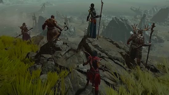 Diablo 4 のベスト ビルド: ビーチ エリアを見渡す崖の端に立っている各クラス。