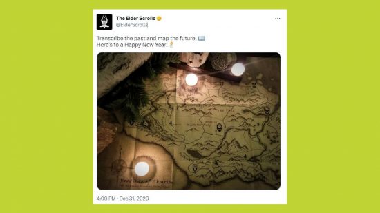 エルダースクロールズ 6 リリース日: タムリエルの地図と 3 本のキャンドルを使ってエルダースクロールズ Twitter アカウントから 2021 年の新年を祝うツイート