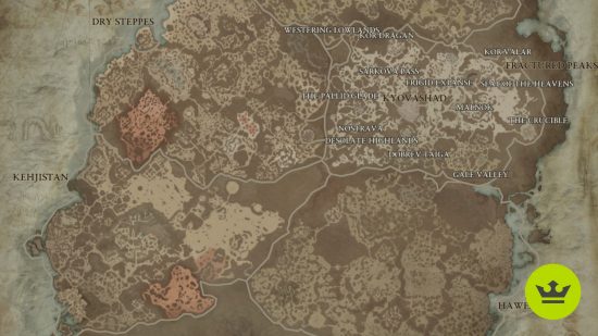 Diablo 4 Fields of Hatred: サンクチュアリ内の PvP 用の Fields of Hatred の場所を示すマップ。