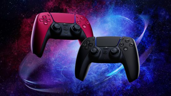 PS5 vs PS5 デジタル: 星雲を背景にした赤と黒の DualSense PS5 コントローラー