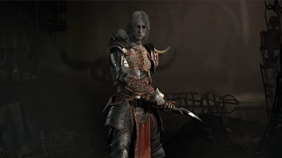 Diablo 4 のユニークなアイテム: そばに大鎌を持った男性のネクロマンサー。