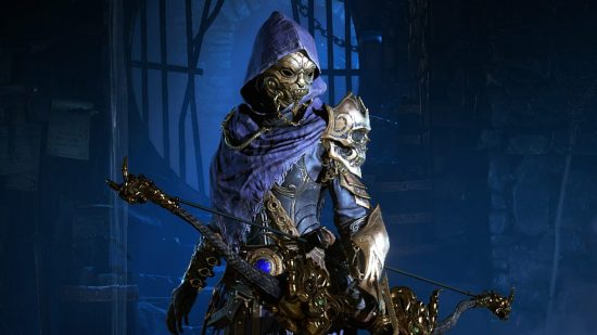 Diablo 4 のユニーク アイテム: 青と青銅の鎧を着て、弓を持ったローグ。