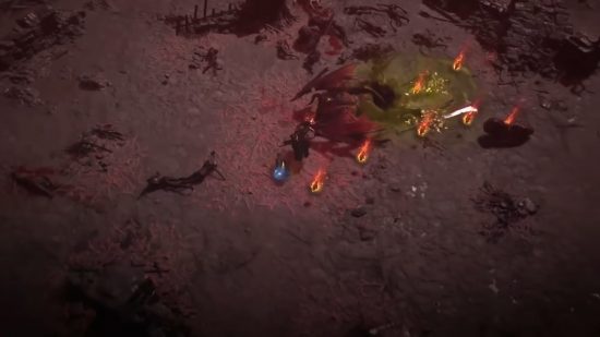 Diablo 4 Helltide Aberrant Cinder farm: 倒した敵から Aberrant Cinder を収集するプレイヤー。