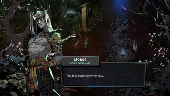 Hades 2 キャラクター: モロスがメリノエと話している様子を描いたゲームプレイの画像。