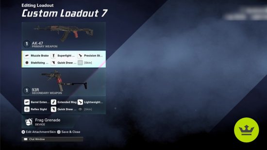 XDefiant AK-47 ロードアウト クラス設定: AK-47 ロードアウトを表示するクラス カスタマイズ画面。