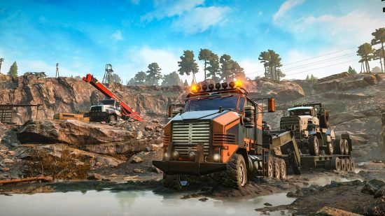 PS Plus 2023 年 8 月のゲーム: SnowRunner で泥の中を走るトラック。