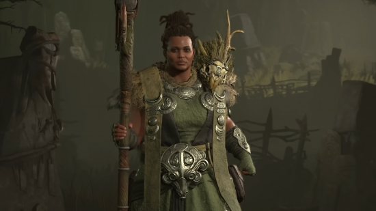 Diablo 4 のユニークなアイテム: 木の杖を持った女性のドルイド僧。