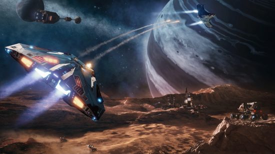 Starfield のようなゲーム: Elite Dangerous のキーアート。背景に大きなガス惑星を背景に、岩石惑星の上を低空飛行する宇宙船を示しています。