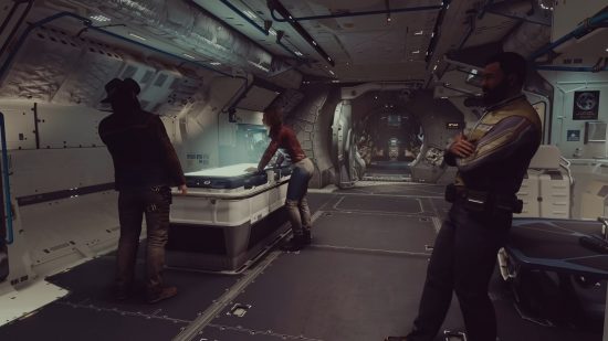 スターフィールドの船: 乗組員は、プレイヤーの宇宙船内のテーブルの周りに集まりました。