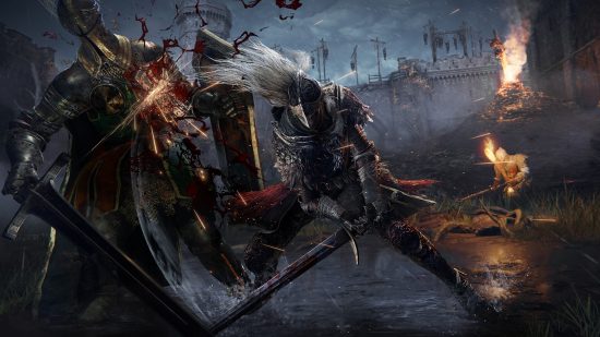 ベスト オープンワールド ゲーム: 火花と血が飛び交う中、鎧を着た騎士が敵に激しい斬撃を繰り出す