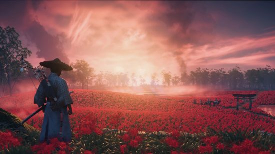 ベスト オープンワールド ゲーム: 赤い野原を眺める古代の日本服を着た人