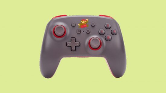 ベスト Nintendo Switch コントローラー: 画像は、グレーの Switch コントローラーに 8 ビットのマリオを載せています。
