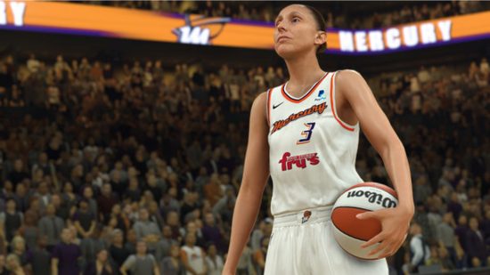 NBA 2K24 の収益化: 白いジャージを着た女子バスケットボール選手がボールを腰に当てている
