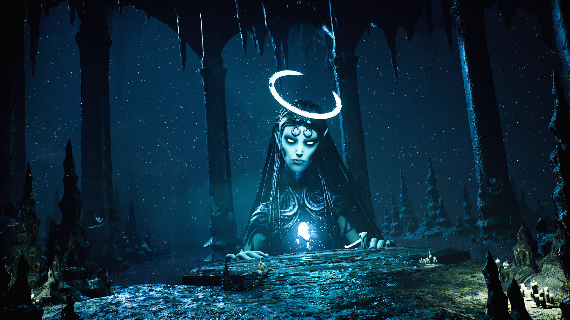 レムナント 2 早期アクセス: 暗い洞窟に黒髪と光る後光を持つ大きな女神のようなボス