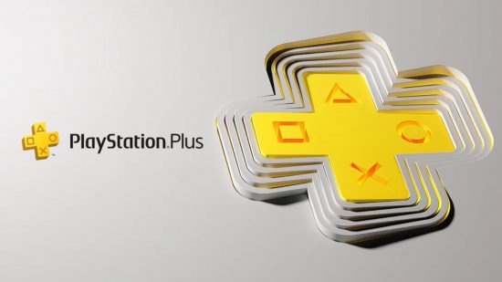 最高のクラウド ゲーム サービス: PlayStation Plus。 画像は、PS Plus ロゴの横の灰色の表面に十字キーを示しています。