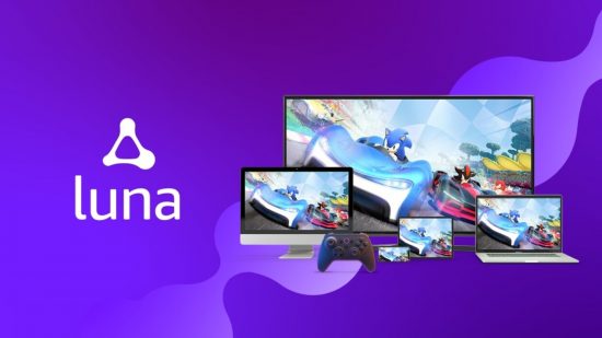 最高のクラウド ゲーム サービス: Amazon Luna。 画像には、会社のロゴと、複数のデバイスで実行されているソニック ゲームの画像が表示されています。