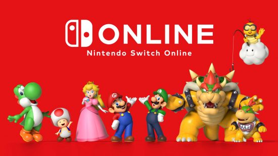 最高のクラウド ゲーム サービス: Nintendo Switch Online。 画像は、Nintendo Switch Online のロゴの近くに立っているマリオのキャラクターを示しています。
