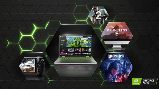 最高のクラウド ゲーム サービス: GeForce Now。 画像には、GeForce Now ロゴと、さまざまなゲームをプレイしているさまざまなデバイスが示されています。