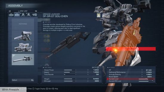 アーマード・コア 6 の武器: メカ武器インターフェースの DF-GR-07 グレネードランチャー。